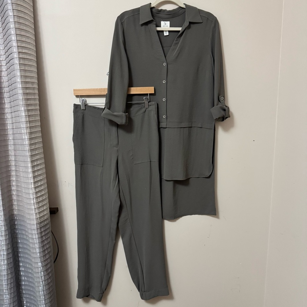 B New York (S) gray charcoal high low solid v neck tunic button down pants set